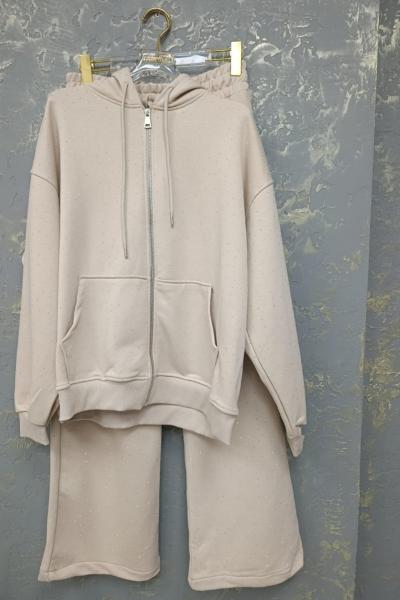FERMUARLI KAPŞONLU ÖN FULL TAŞLI ŞARDONSUZ İKİLİ TAKIM  Bej