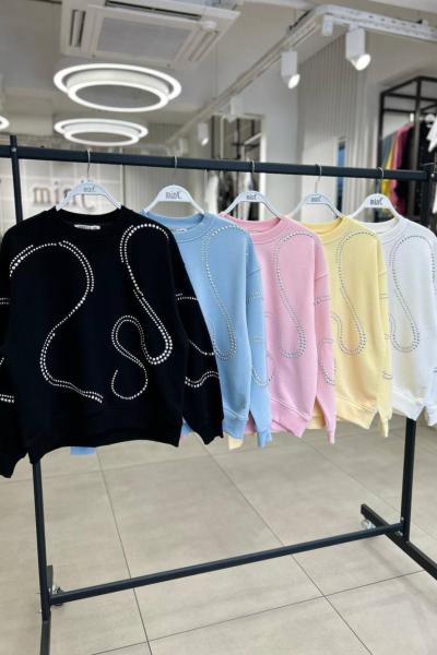 FULL ZIMBA İŞLEMELİ DALGA DETAY ŞARDONSUZ SWEAT 65 CM  Mavi