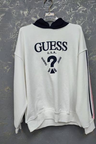 GES YAZILI KOLLAR ŞERİTLİ KAPŞONLU SWEAT  Beyaz