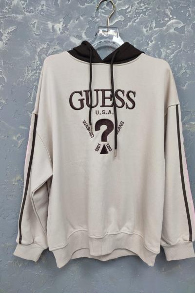 GES YAZILI KOLLAR ŞERİTLİ KAPŞONLU SWEAT  Bej