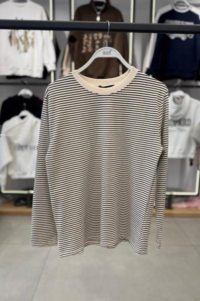 Basic çizgili düz badi Bej