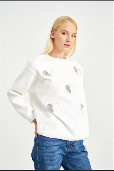 KALP DETAY ŞARDONLU SWEAT Beyaz
