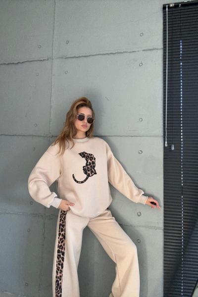 KAPLAN LEOPAR DETAY İKİLİ TAKIM Bej