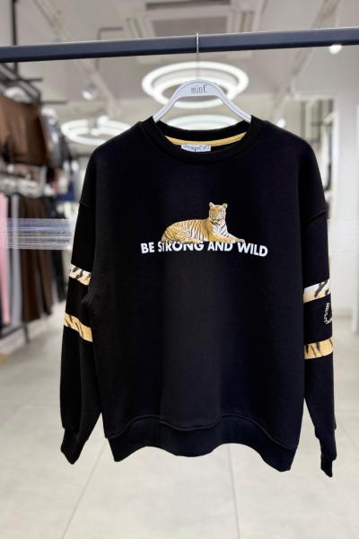 KOL LEOPAR YAZILI SARDONSUZ SWEAT 65 CM  Siyah