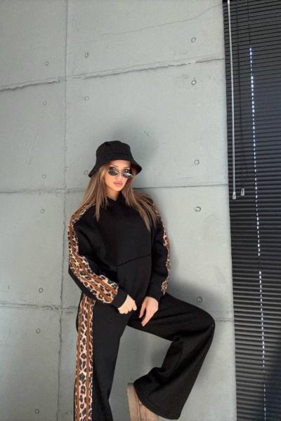 KOL VE PANTOLON LEOPAR DETAY İKİLİ TAKIM Siyah