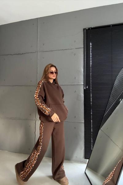 KOL VE PANTOLON LEOPAR DETAY İKİLİ TAKIM Acı Kahve