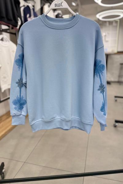 KOL YILDIZ BONCUK İŞLEMELİ ŞARDONSUZ SWEAT 65 CM  Mavi