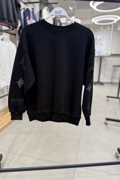 KOL YILDIZ BONCUK İŞLEMELİ ŞARDONSUZ SWEAT 65 CM  Siyah