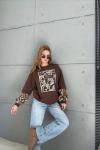 KOLLAR LEOPAR DESENLİ ŞARDONLU SWEAT  Acı Kahve