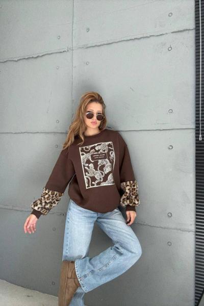 KOLLAR LEOPAR DESENLİ ŞARDONLU SWEAT  Acı Kahve