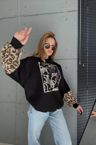 KOLLAR LEOPAR DESENLİ ŞARDONLU SWEAT  Siyah