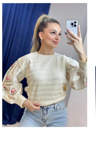 Kollar Poplin Kumaş Nakış İşlemeli Triko Kazak Bej