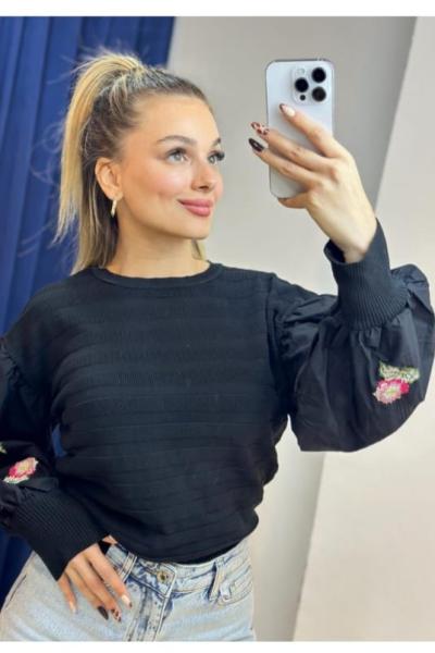 Kollar Poplin Kumaş Nakış İşlemeli Triko Kazak Siyah