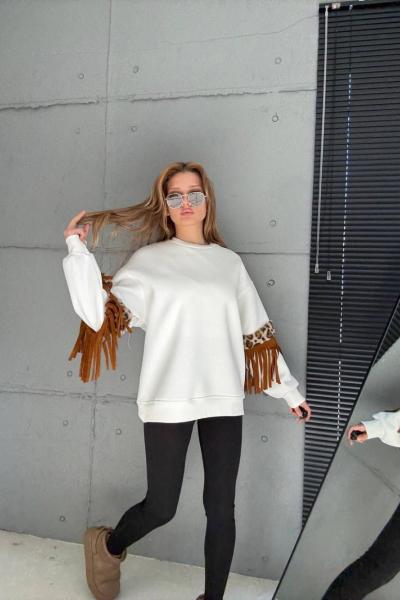 KOLLAR PÜSKÜL DETAYLI ŞARDONLU SWEAT Beyaz