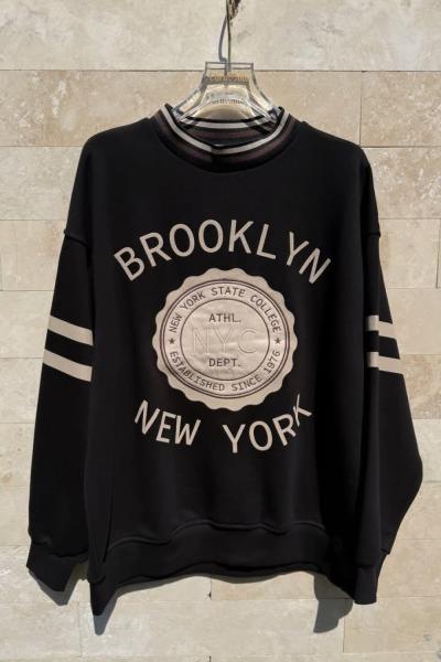 KOLLAR ŞERİT DETAY BROOKLYN NEW YORK SWEAT  Siyah