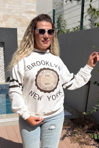 KOLLAR ŞERİT DETAY BROOKLYN NEW YORK SWEAT  Beyaz