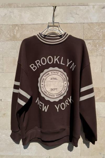 KOLLAR ŞERİT DETAY BROOKLYN NEW YORK SWEAT  Acı Kahve
