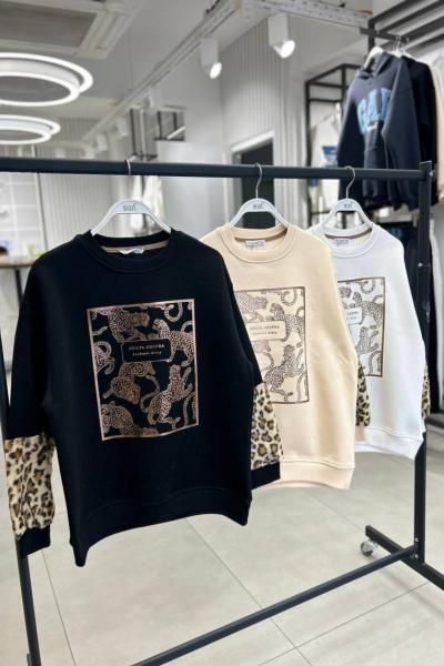 Kolları Leopar Sweatshirt  Siyah