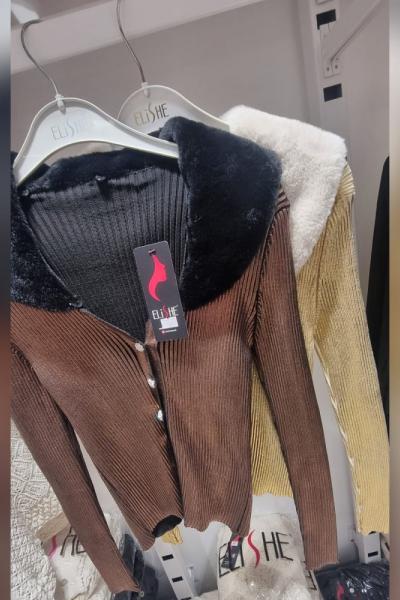 Kürk Detay Düğmeli Sweat Hırka Kahverengi