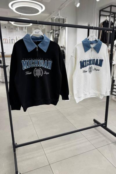 MICHIGAN YAZILI KOT DETAY SWEAT  Siyah