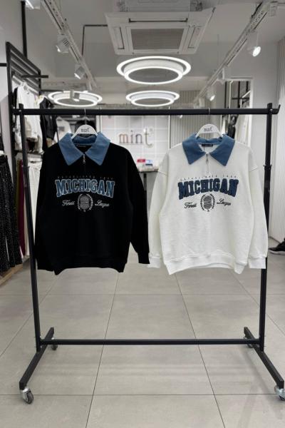 MICHIGAN YAZILI KOT DETAY SWEAT  Beyaz