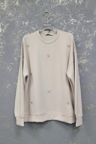 MODAL KUMAŞ YILDIZ DETAYLI SWEAT Bej