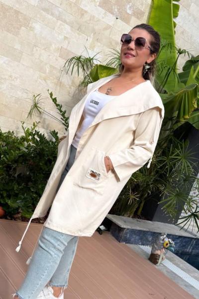 NATÜRAL HAM KETEN CEP DETAY TRENÇ  Krem