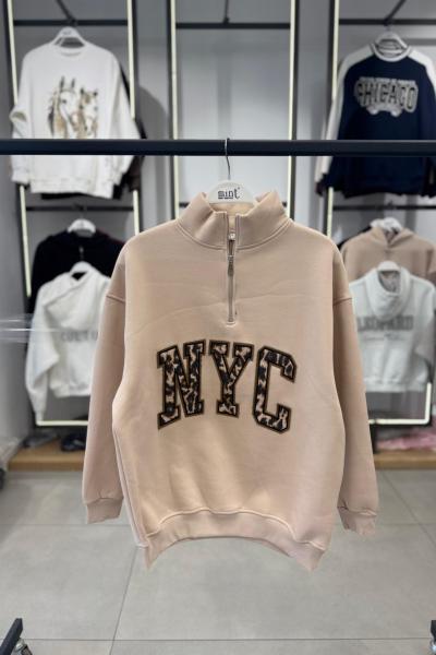 NYC yazılı üç iplik içi şardonlu Sweatshirt Bej