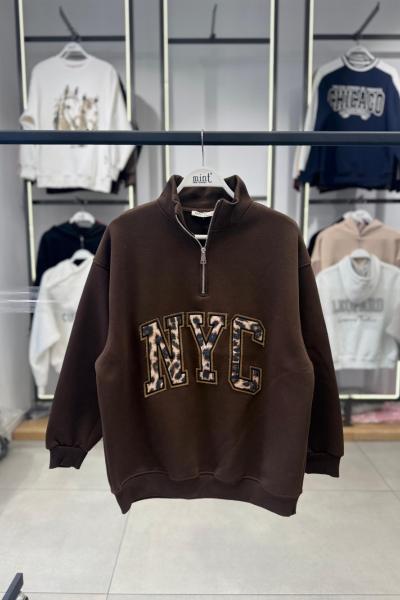 NYC yazılı üç iplik içi şardonlu Sweatshirt Acı Kahve