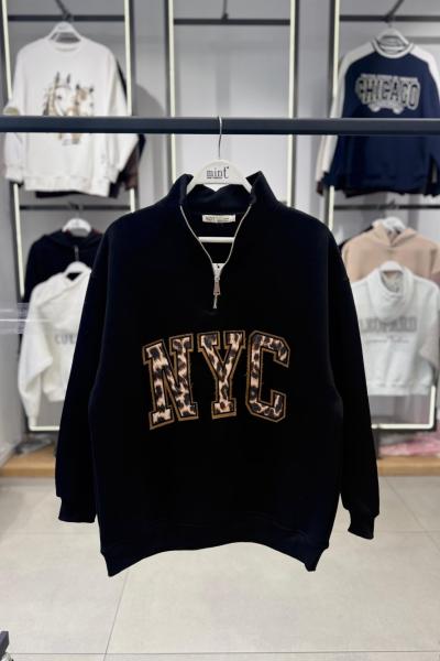 NYC yazılı üç iplik içi şardonlu Sweatshirt Siyah