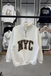 NYC yazılı üç iplik içi şardonlu Sweatshirt Beyaz