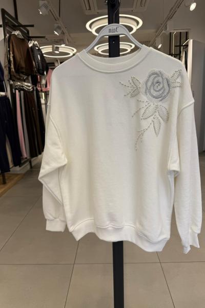 OMUZ GÜL DETAY ŞARDONSUZ SWEAT 65 CM BOY  Beyaz