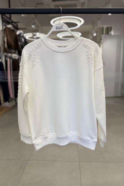 OMUZ KOLLAR ÇİÇEK DETAY ŞARDONSUZ SWEAT 65 CM  Beyaz