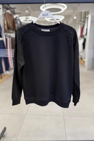 OMUZ KOLLAR ÇİÇEK DETAY ŞARDONSUZ SWEAT 65 CM  Siyah