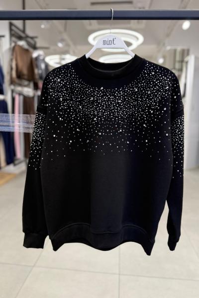 OMUZ KOLLAR FUL TAŞLI ŞARDONSUZ SWEAT 65 CM  Siyah