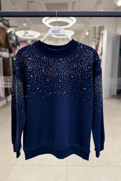 OMUZ KOLLAR FUL TAŞLI ŞARDONSUZ SWEAT 65 CM  Lacivert