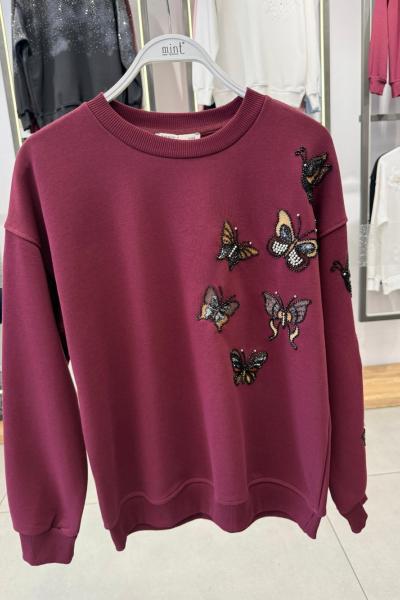 OMUZ VE KOL KELEBEK DETAY ŞARDONSUZ SWEAT 65 CM  Bordo