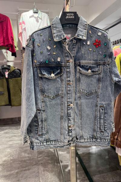 OMUZLARI RENKLİ TAŞLI KOT CEKET Mavi