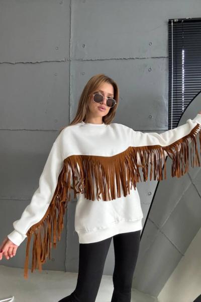 ÖNÜ PÜSKÜLLÜ SWEAT  Beyaz