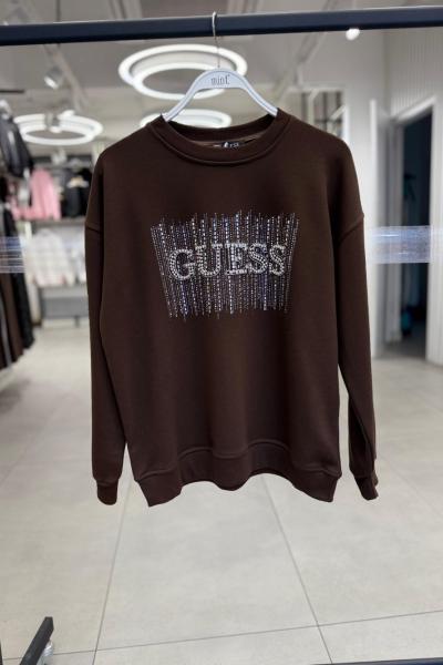 ORTADA GES YAZILI TAŞLI ŞARDONSUZ SWEAT  Acı Kahve