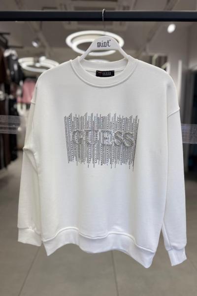 ORTADA GES YAZILI TAŞLI ŞARDONSUZ SWEAT  Beyaz