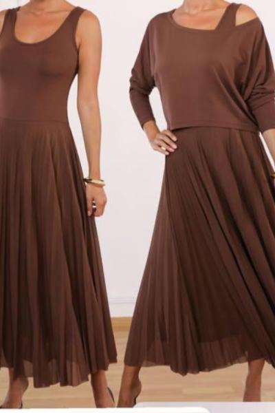 PİLİSELİ İKİLİ ELBİSE  Acı Kahve