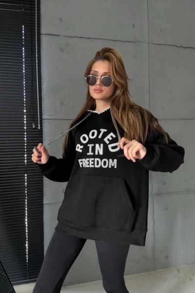 ROOTED YAZILI KAPŞONLU SWEAT  Siyah