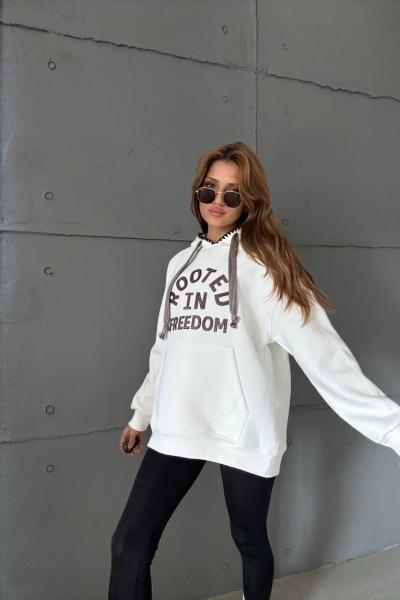 ROOTED YAZILI KAPŞONLU SWEAT  Beyaz