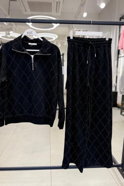 ŞARDONLU BAKLAVA DESENLİ YARIM FERMUAR İKİLİ TAKIM Siyah