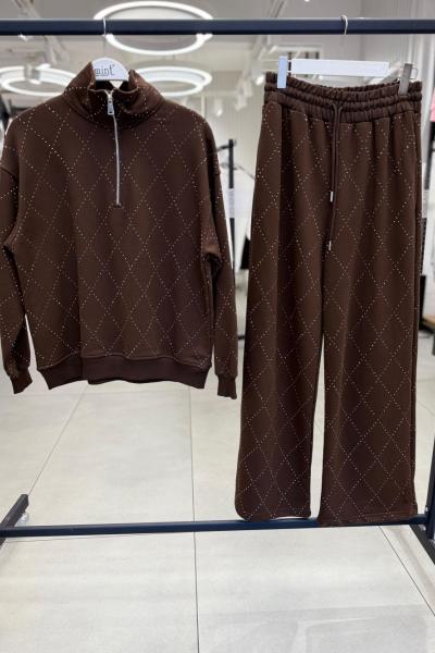 ŞARDONLU BAKLAVA DESENLİ YARIM FERMUAR İKİLİ TAKIM Acı Kahve