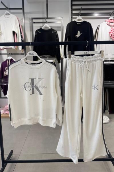 ŞARDONLU CKA ŞERİT DETAY İKİLİ TAKIM  Beyaz