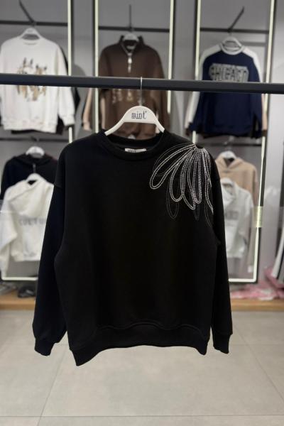 ŞARDONLU OMUZ GÜL DETAY SWEAT  Siyah