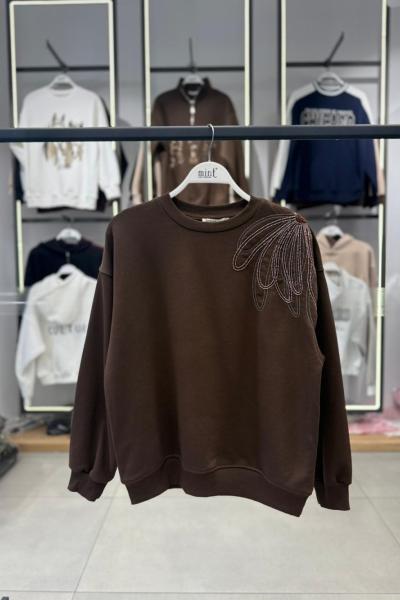 ŞARDONLU OMUZ GÜL DETAY SWEAT  Acı Kahve