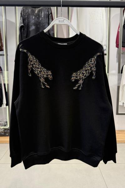 ŞARDONLU İKİ TARAFI KAPLAN BASKI SWEAT Siyah